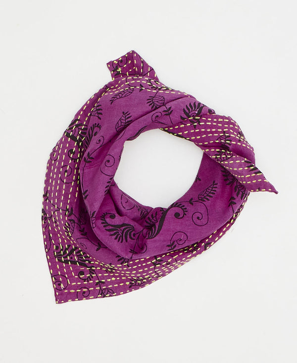 artisan-made vintage cotton bandana in a purple vine floral design
