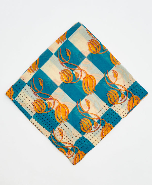blue checkered floral print cotton bandana scarf handmade in India
