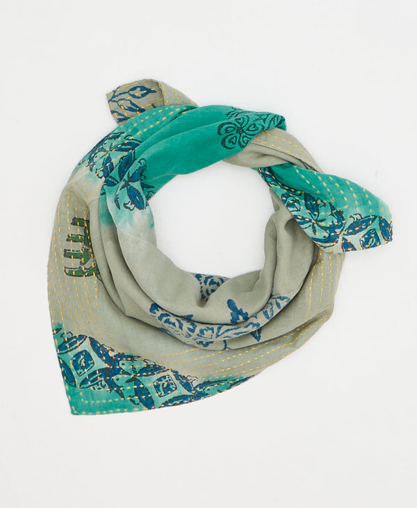 artisan-made vintage cotton bandana in a blue and green abstarct design

