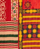 red and yellow king kantha quilt handmade in India from upcylced vintage saris