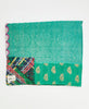  Artisan-made king kantha quilt in teal geometric design made from upcycled saris
