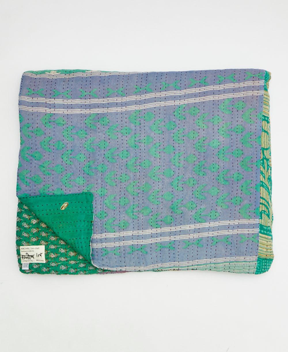  Artisan-made king kantha quilt in teal paisley design made from upcycled saris
