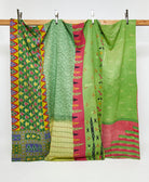 King kantha quilt in a green abstract  pattern handmade in India
