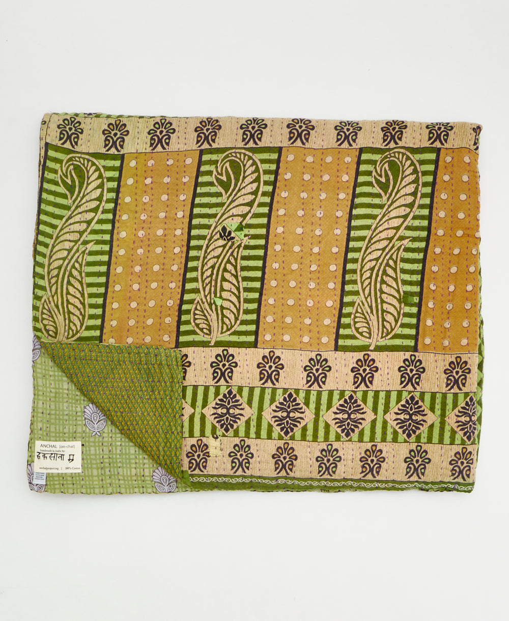  Artisan-made king kantha quilt in a forest green design made from upcycled saris
