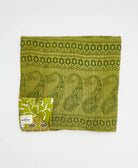  Artisan-made queen kantha quilt in a green paisley design made from upcycled saris
