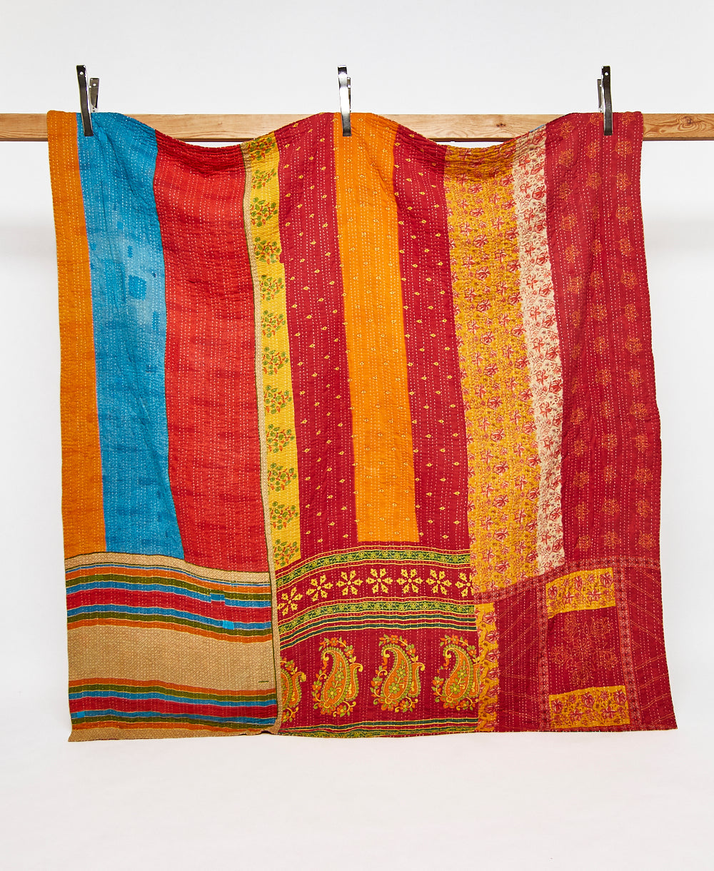 Queen kantha quilt in a bold striped pattern handmade in India
