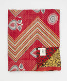 Artisan-made twin kantha quilt in red floral design made from upcycled saris
