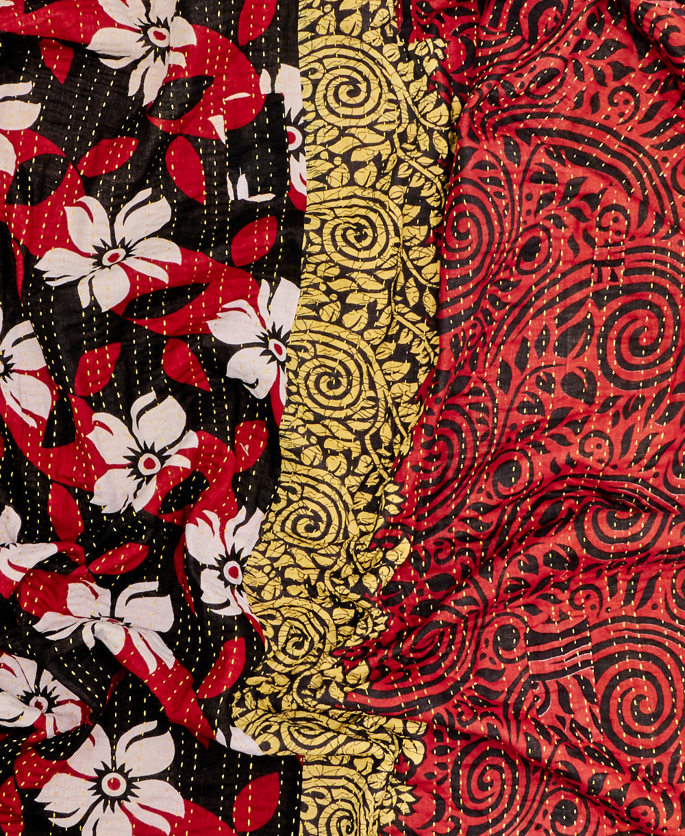 Red floral kantha bedding quilt ethically made from vintage cotton fabric
