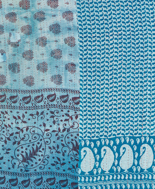 Twin kantha quilt with reversible blue paisley pattern