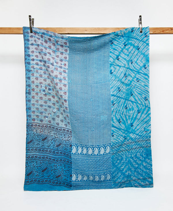 Twin kantha quilt in blue paisley pattern handmade in India
