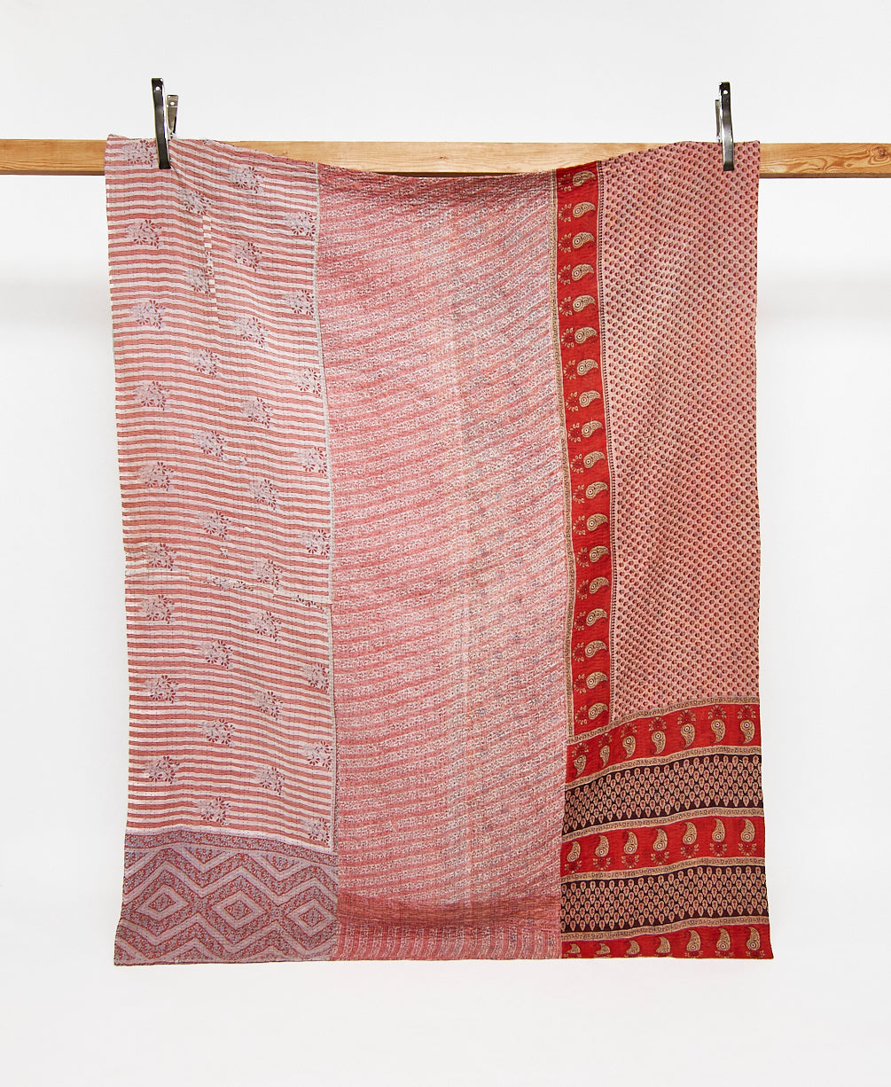 Twin kantha quilt in red paisley pattern handmade in India
