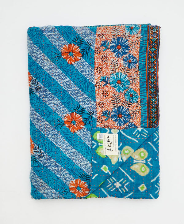 Twin kantha quilt with reversible blue floral pattern