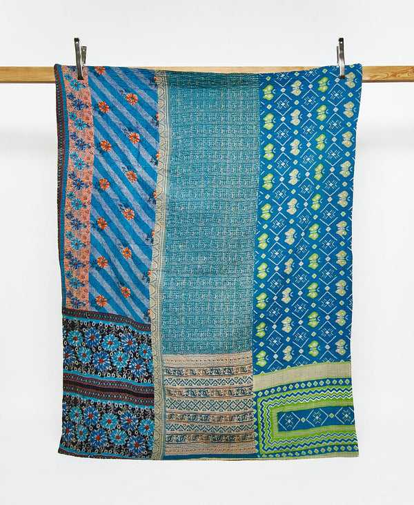 Twin kantha quilt in blue floral pattern handmade in India
