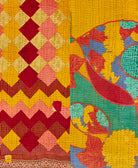 Twin kantha quilt with reversible yellow geometric pattern