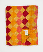 Artisan-made twin kantha quilt in yellow geometric design made from upcycled saris
