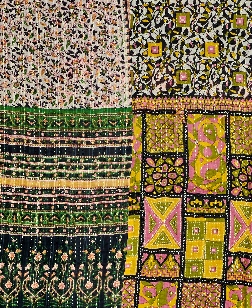 Twin kantha quilt with reversible a green and yellow floral pattern