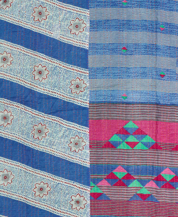 Twin kantha quilt with reversible blue striped pattern