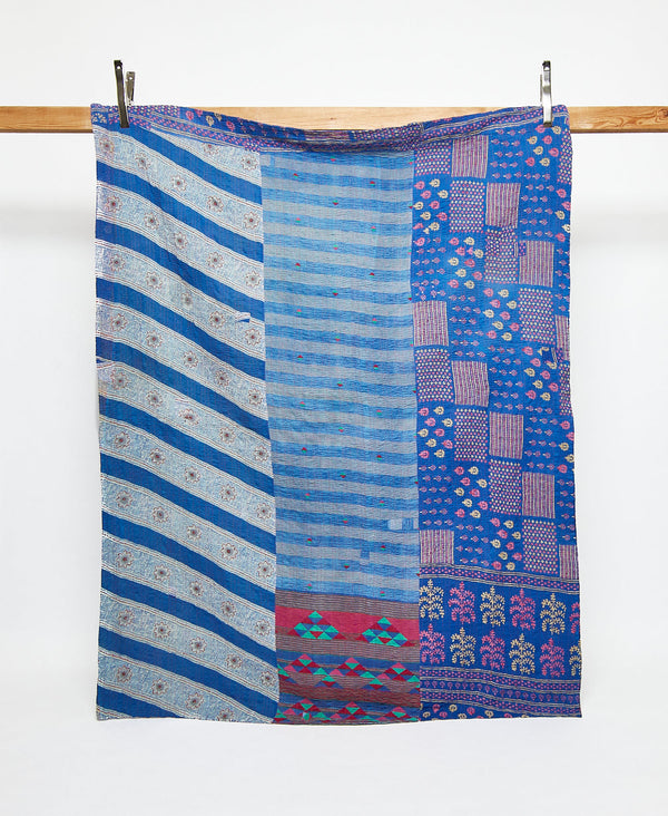Twin kantha quilt in blue striped pattern handmade in India
