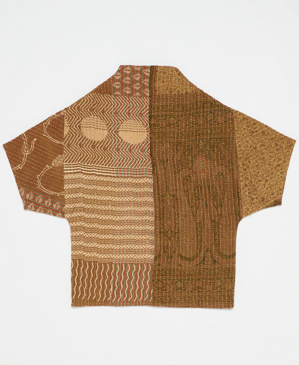 ethically made quilted jacket in a camel brown & white rose print handmade by artisans in India