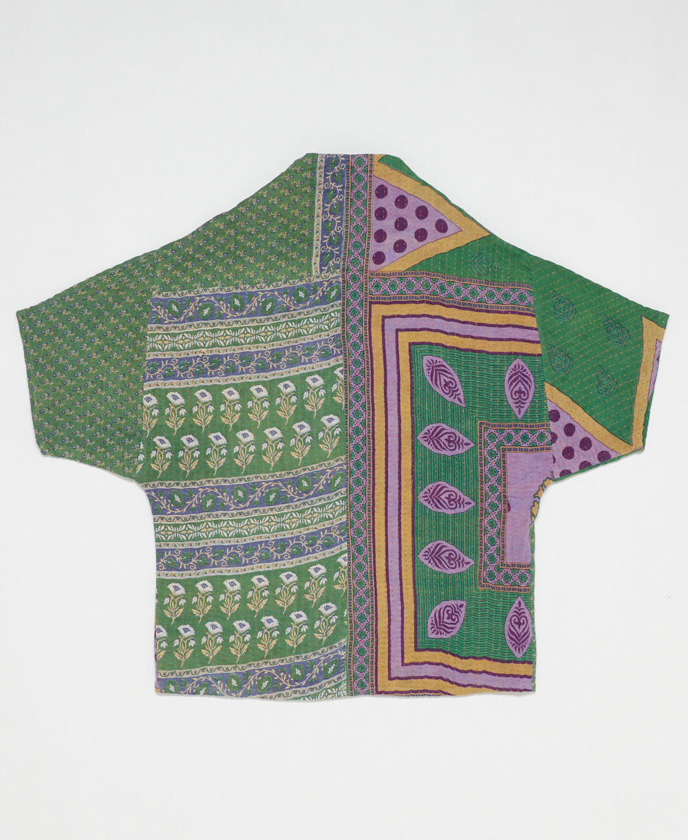 ethically made quilted jacket in a green & lilac geometric print handmade by artisans in India