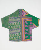 ethically made quilted jacket in a green & lilac geometric print handmade by artisans in India