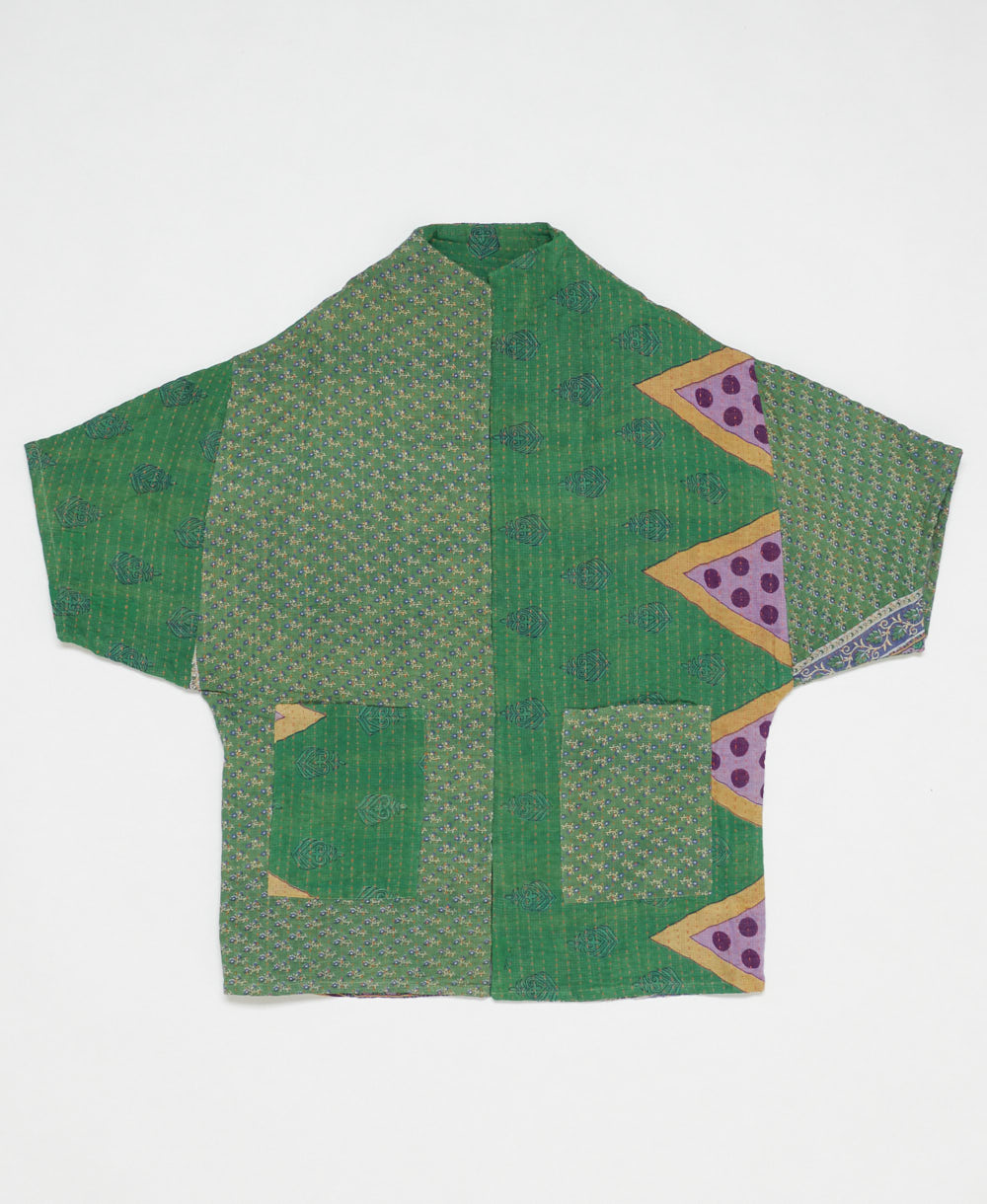 one-of-a-kind cocoon grass green & lilac geometric quilted jacket made from upcycled vintage cotton saris