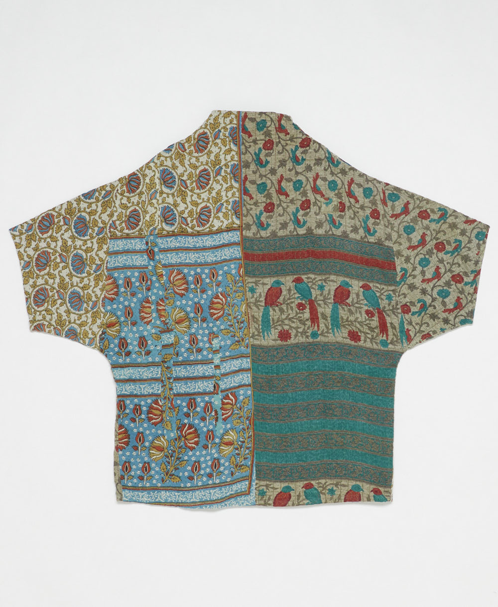 ethically made quilted jacket in a multi-color noveltry bird print handmade by artisans in India