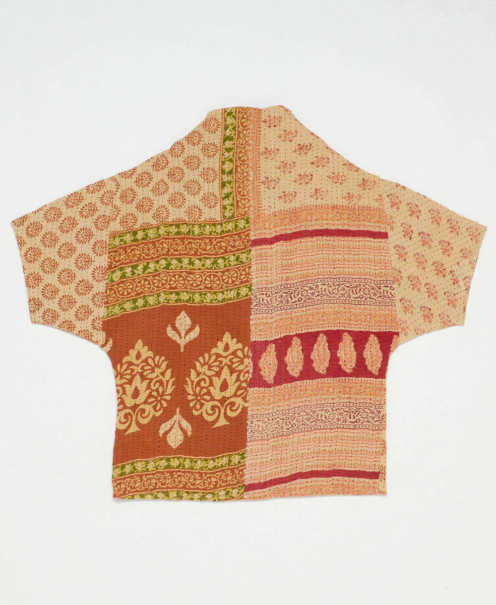 ethically made quilted jacket in a sandy tan & orange floral print handmade by artisans in India