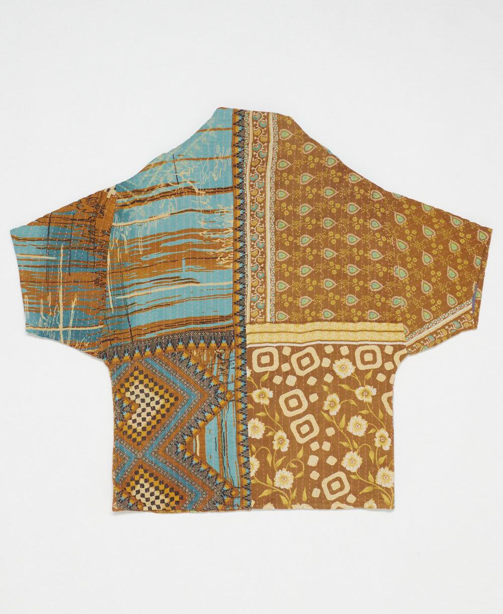 ethically made quilted jacket in a camel & teal abstract print handmade by artisans in India