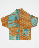 one-of-a-kind cocoon camel & teal abstract quilted jacket made from upcycled vintage cotton saris