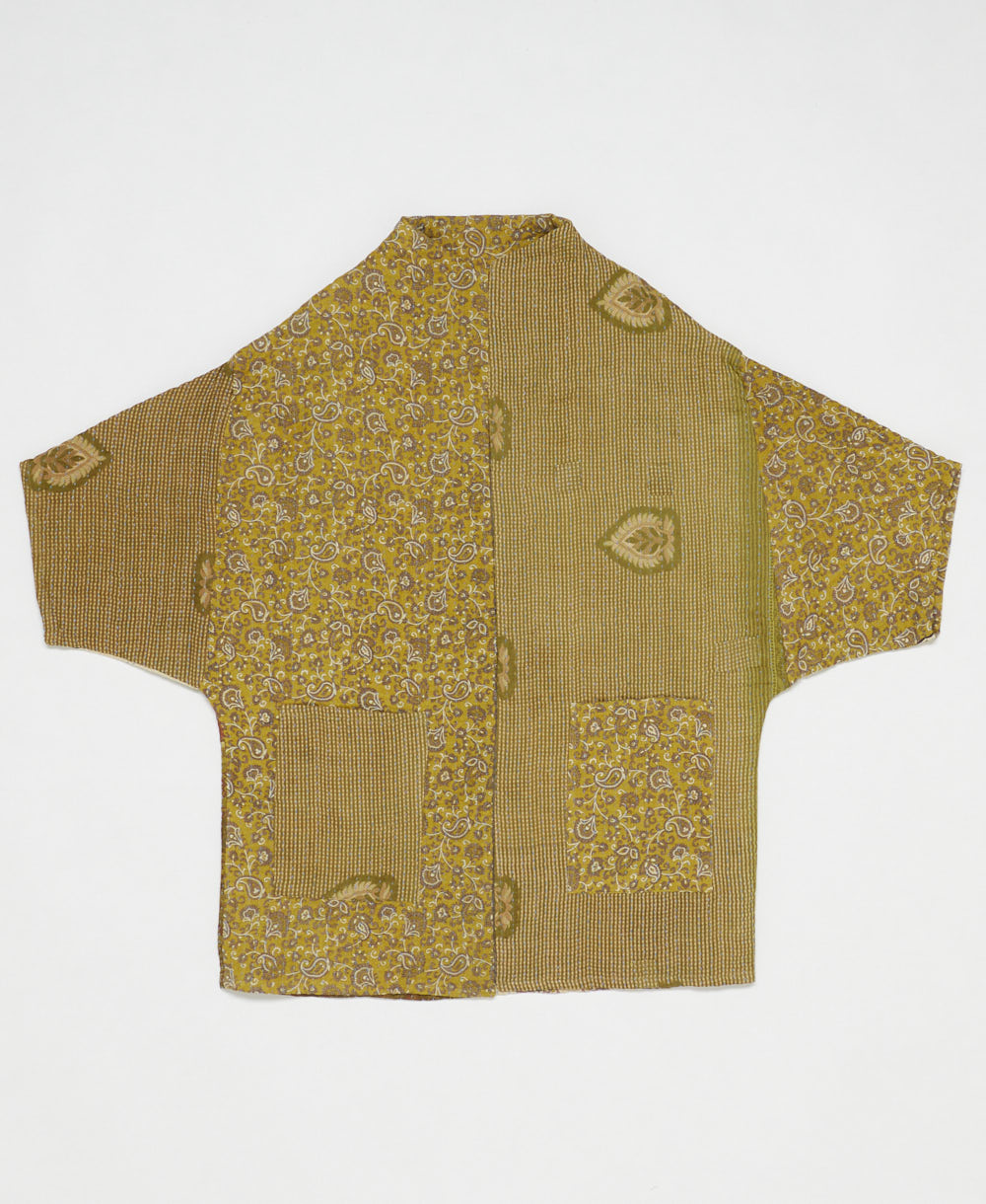 one-of-a-kind cocoon yellow-green floral quilted jacket made from upcycled vintage cotton saris