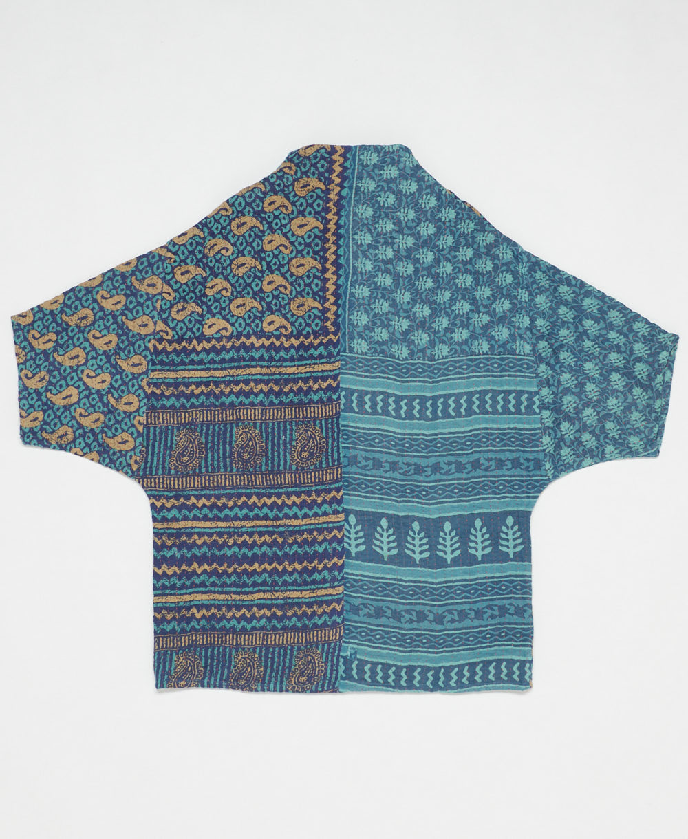 ethically made quilted jacket in a cerulean blue paisley print handmade by artisans in India