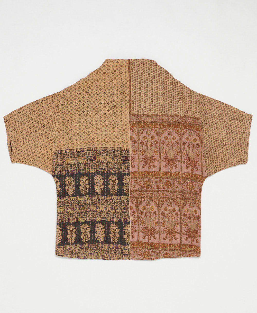 ethically made quilted jacket in a sandy tan geometric print handmade by artisans in India