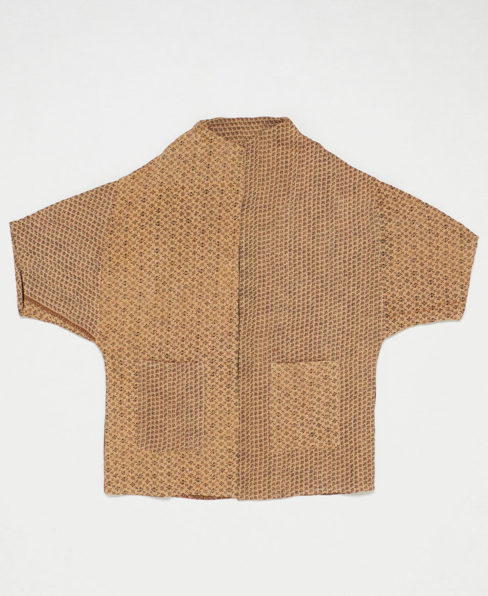 one-of-a-kind cocoon sandy tan geometric quilted jacket made from upcycled vintage cotton saris