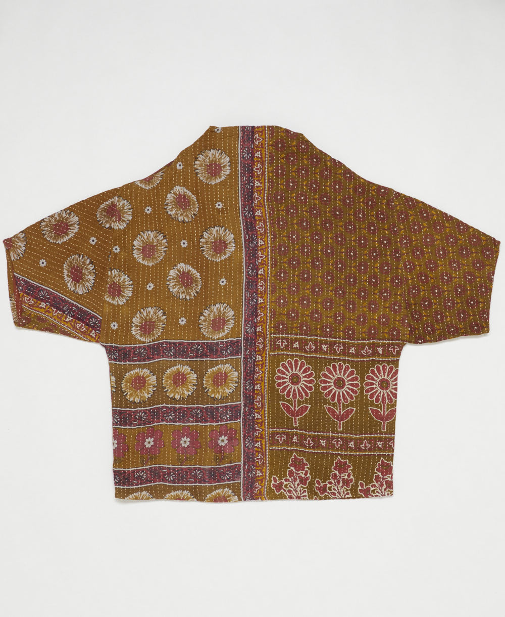 ethically made quilted jacket in a camel & red floral print handmade by artisans in India