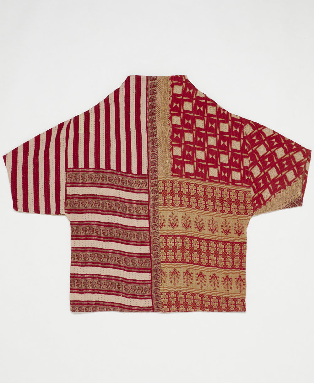 ethically made quilted jacket in a red striped print handmade by artisans in India