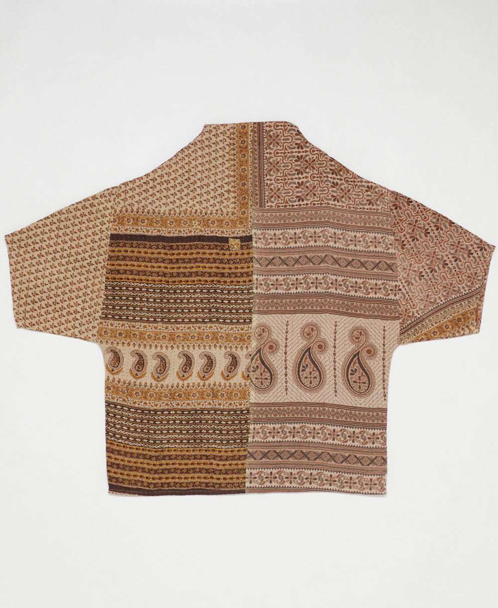 ethically made quilted jacket in a sandy brown paisley print handmade by artisans in India