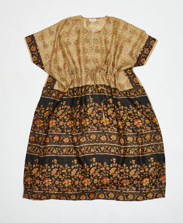 black and tan floral Vintage Silk Kaftan Dress made by artisans