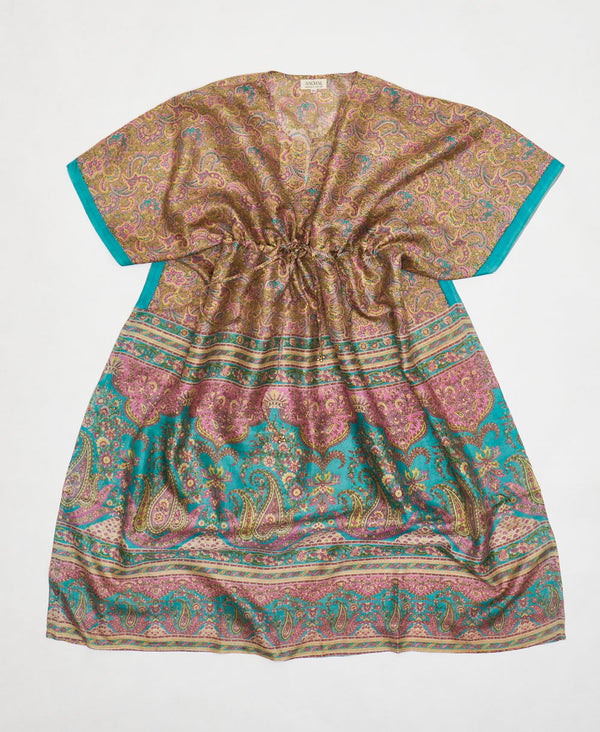  Yellow, pink, and blue paisley Vintage Silk Kaftan Dress made by artisans