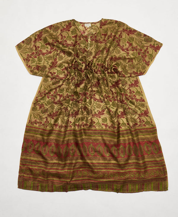 Red and green floral Vintage Silk Kaftan Dress made by artisans
