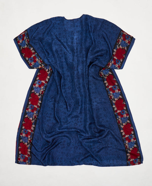 One-of-a-kind red and blue floral silk kaftan dress made using vintage silk saris