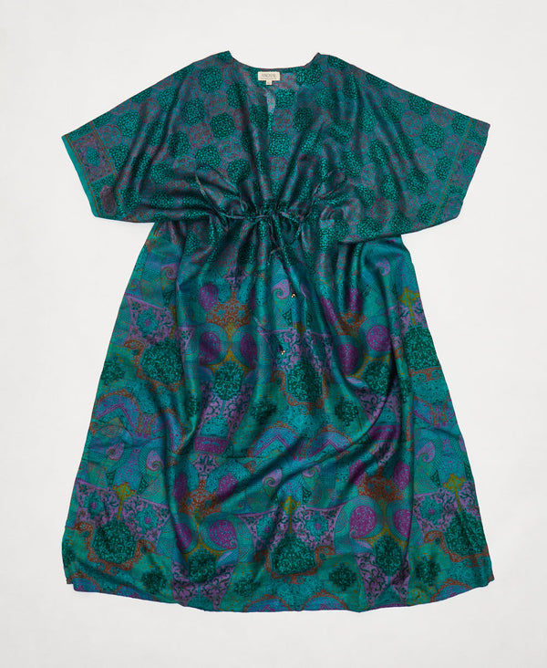 Teal and purple bold print Vintage Silk Kaftan Dress made by artisans