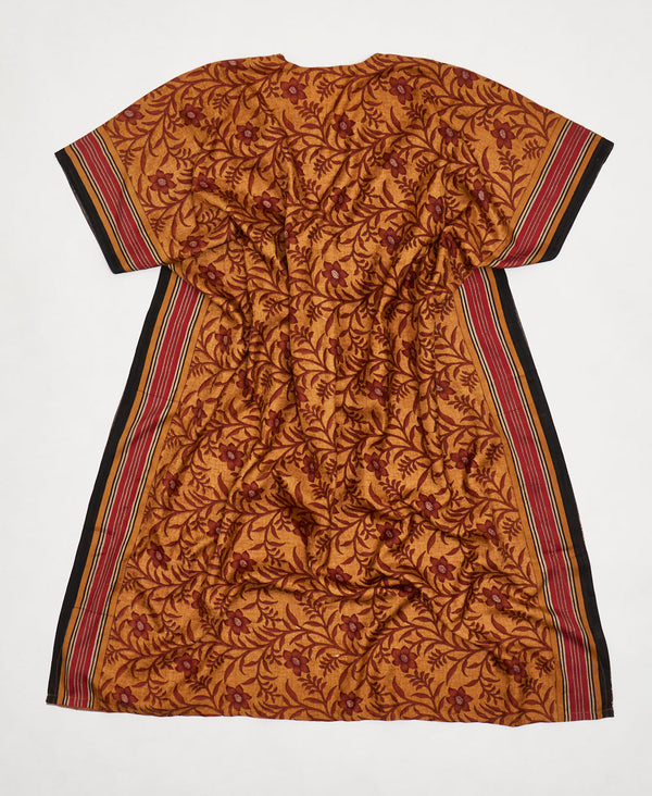 One-of-a-kind red and yellow floral traditional print silk kaftan dress made using vintage silk saris