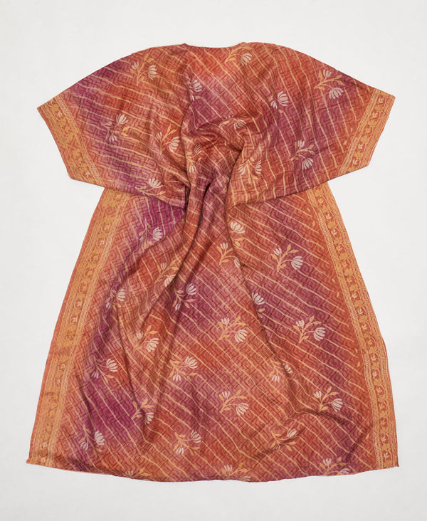 One-of-a-kind mauve and yellow floral traditional print silk kaftan dress made using vintage silk saris