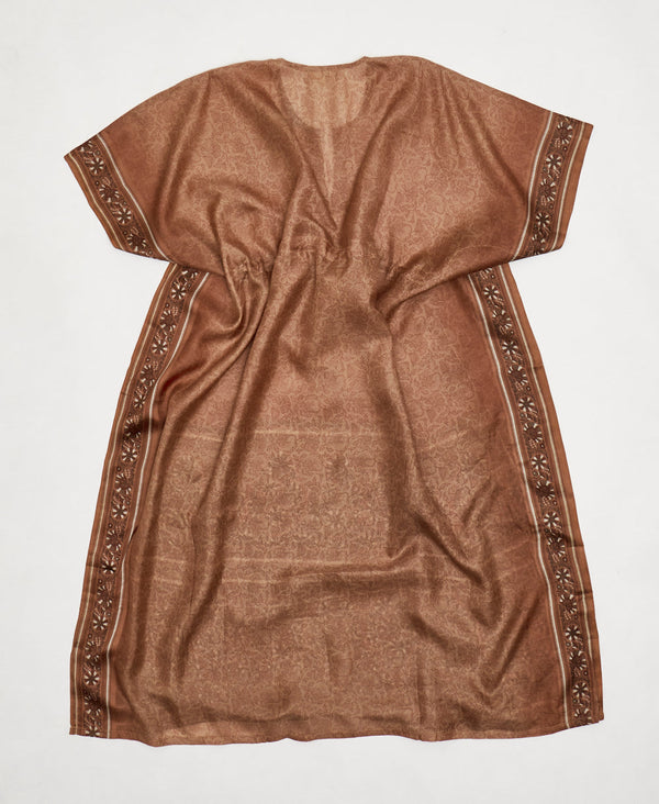 One-of-a-kind brown paisley traditional print silk kaftan dress made using vintage silk saris