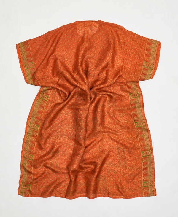 One-of-a-kind orange and green geometric silk kaftan dress made using vintage silk saris