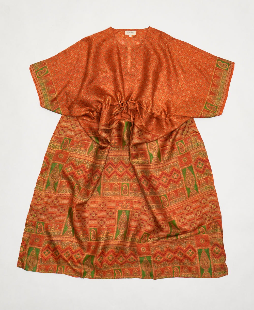 orange geometric  Vintage Silk Kaftan Dress made by artisans