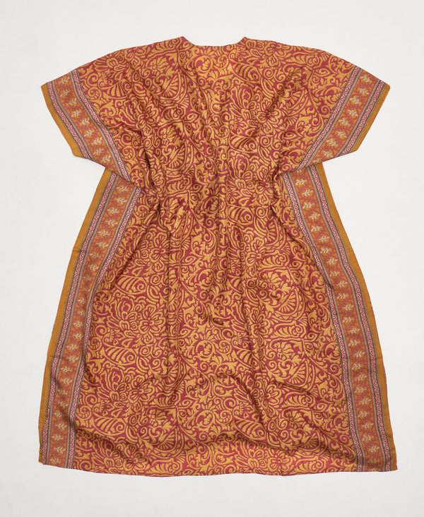 One-of-a-kind orange and purple geometric silk kaftan dress made using vintage silk saris