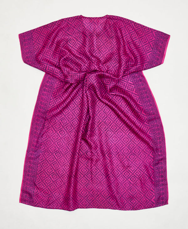 One-of-a-kind fuchsia geometric silk kaftan dress made using vintage silk saris