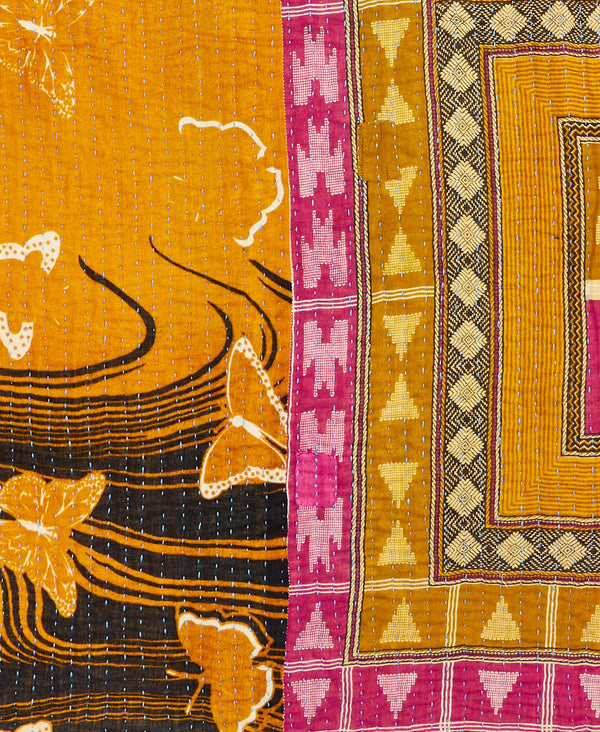 Orange butterfly Kantha quilt throw made of recycled vintage saris